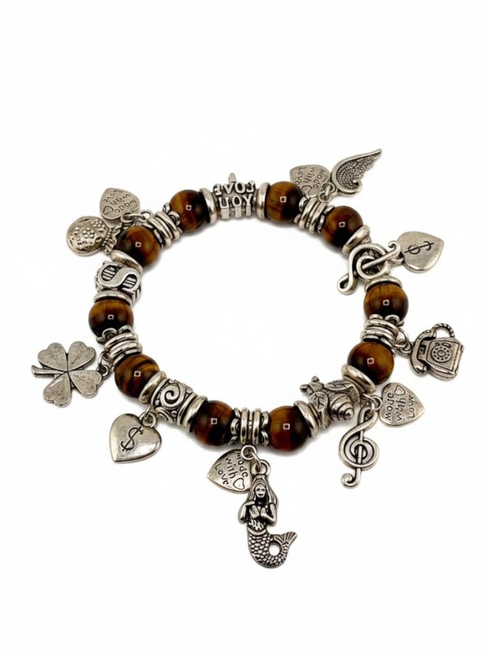 Tiger’s Eye Charm Bracelet Boho Stretch Beaded Silver Tone Mermaid Clover - Picture 2 of 11
